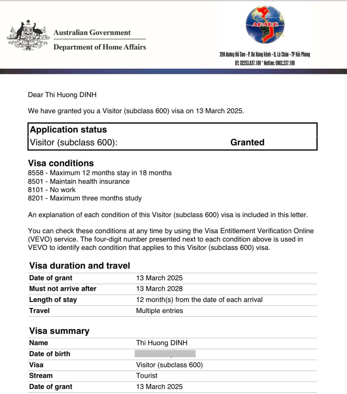 Hai visa Úc được cấp 3 năm ở lại 12 tháng